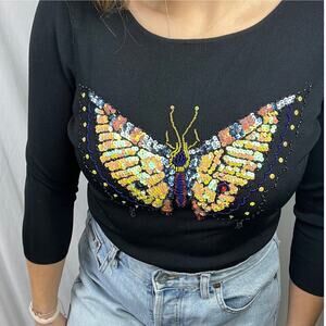 Lucia Burns Black Butterfly Sequin Beaded Top – Vintage Y2K Long Sleeve Small
